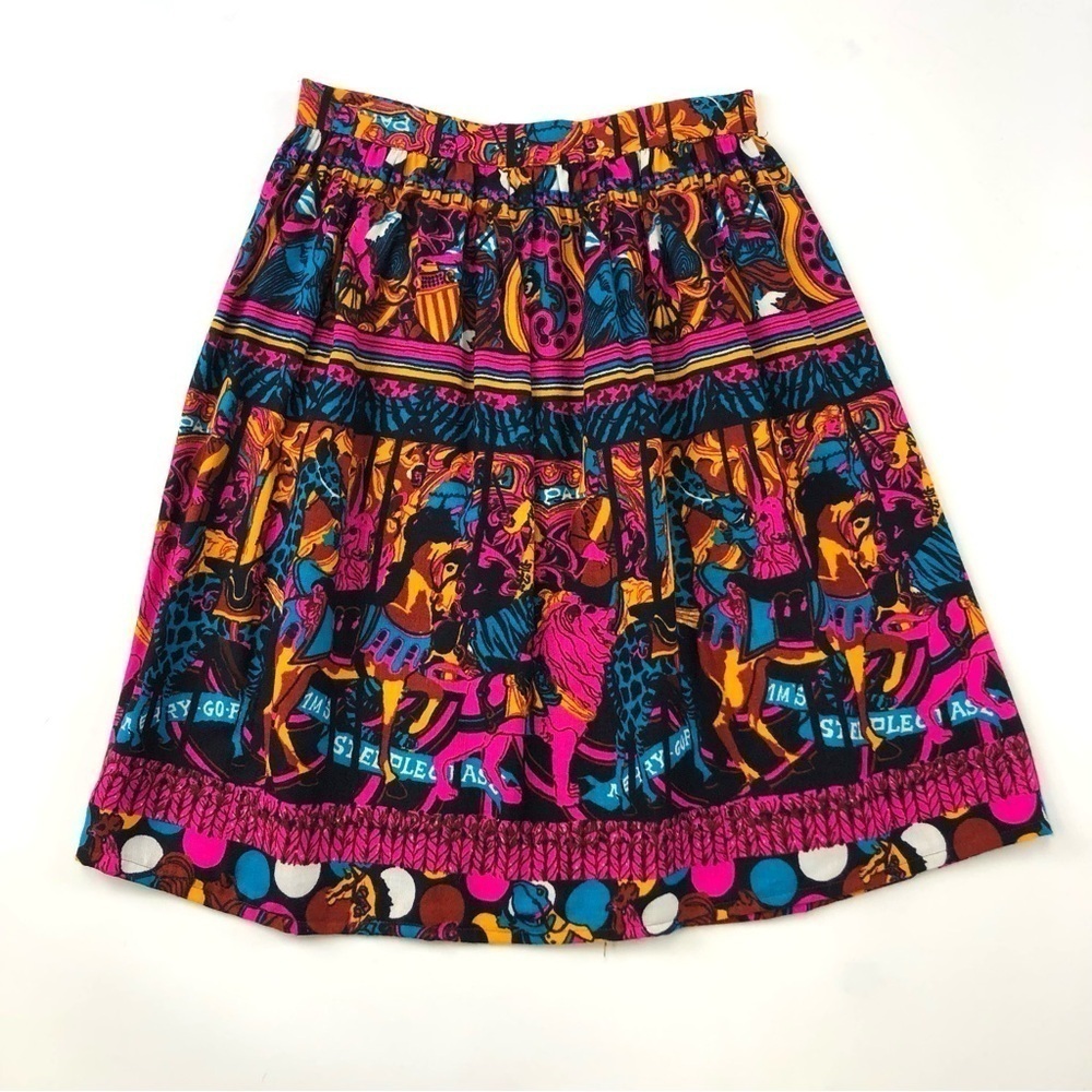 Vintage 70s skirt MOD black neon pink brights aline gathered waist  XS Retro
